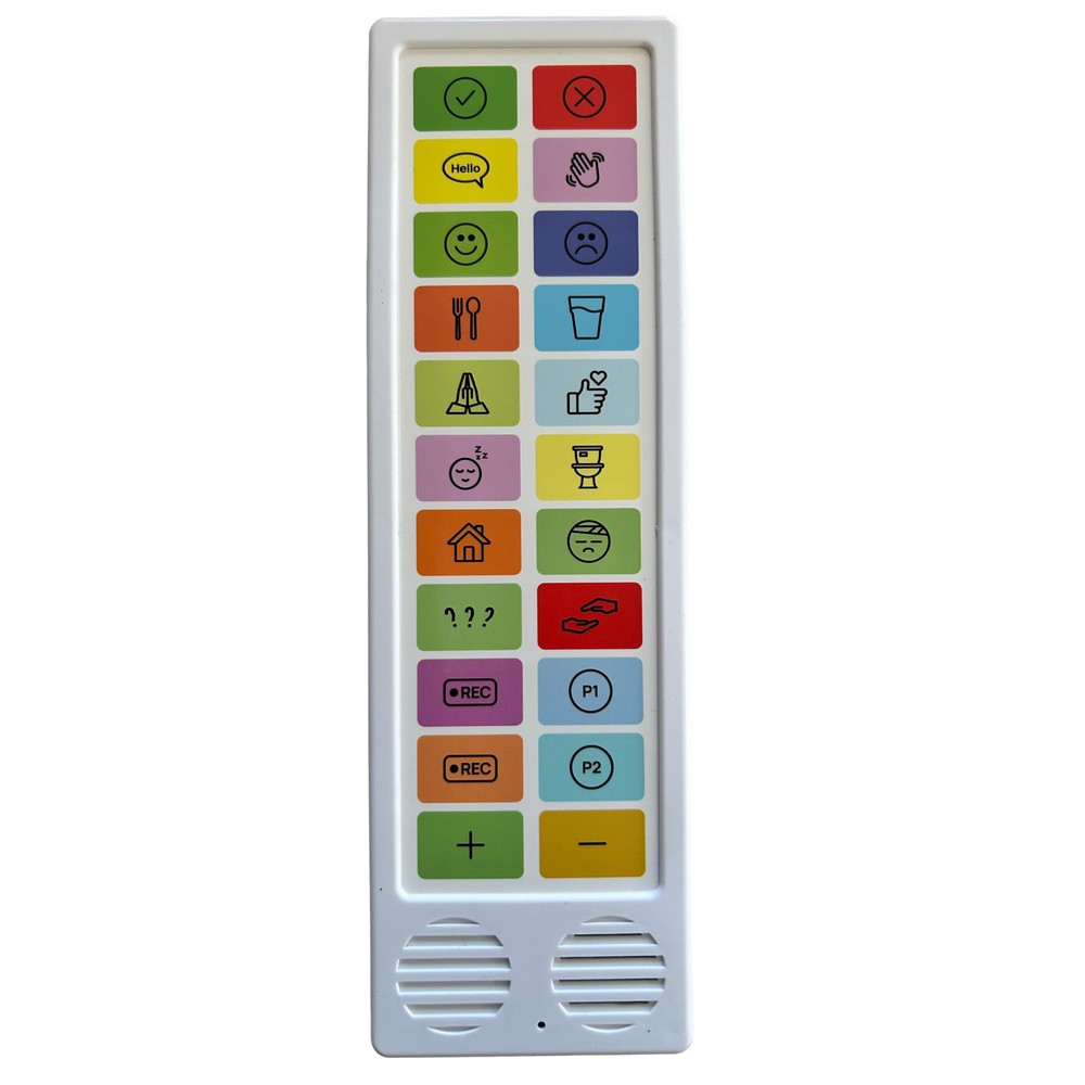 ChatMate portable communication aid with colourful symbol buttons and built-in speaker